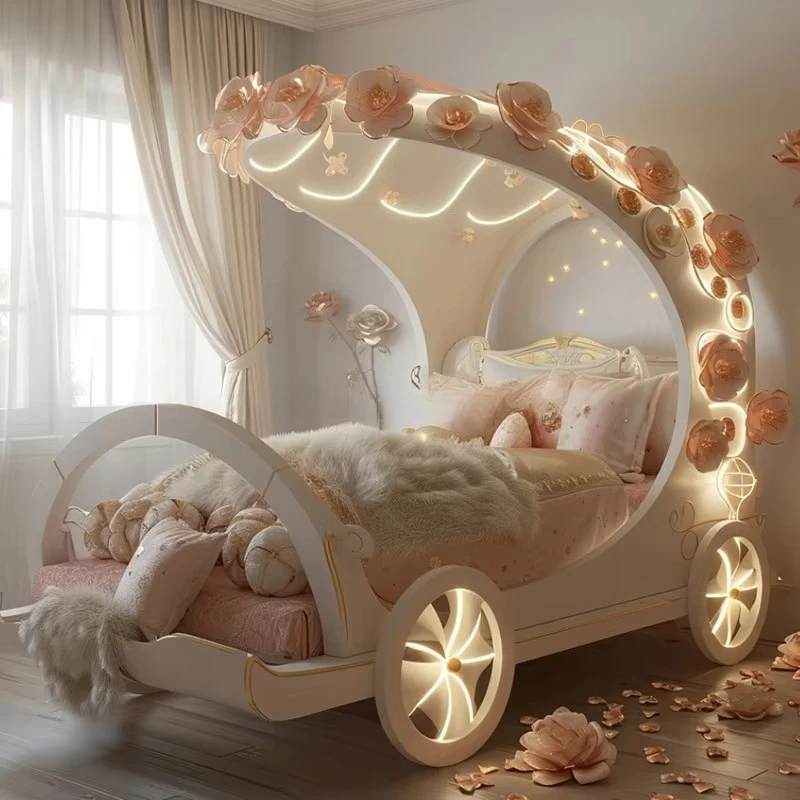 European Luxury Solid Wood Fabric Bed Customizable Villa Bedroom Storage Furniture Children's Carriage Shaped Bed for Hotels