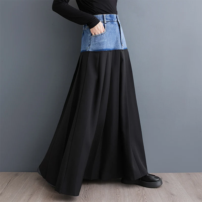 #3044 High Waisted Split Joint Denim Pleated Skirt Women Loose Korean Style Long A-line Skirt Ladies Side Pockets Streetwear