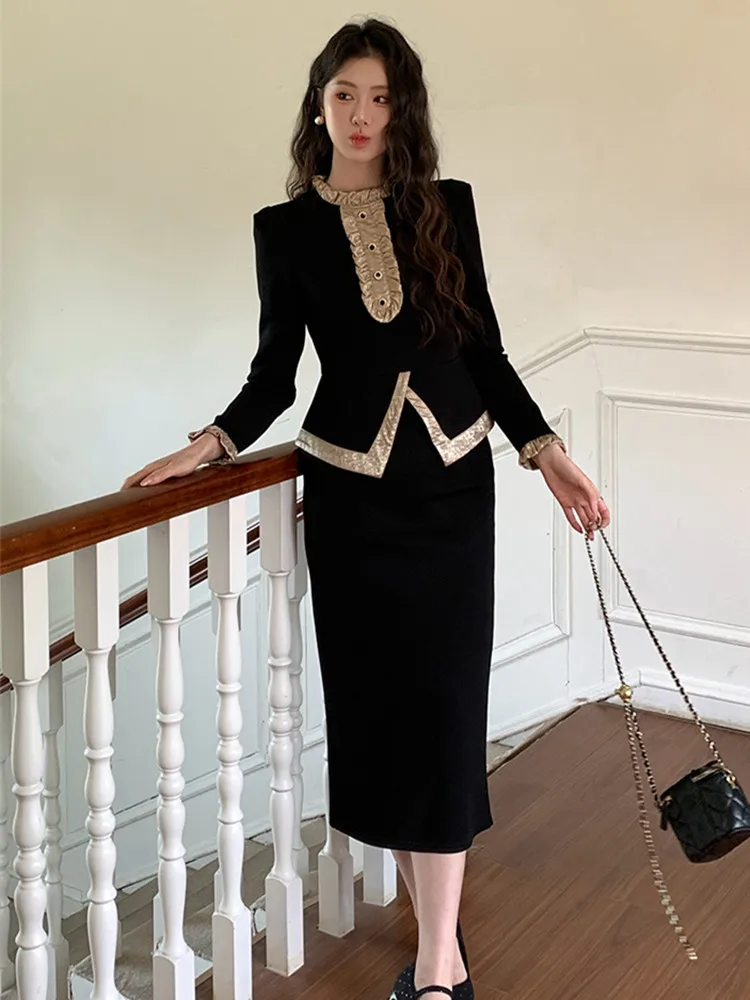 

Осенние маленькие ароматные ветровые оборки, бархатные комплекты из двух предметов для женщин, элегантная однотонная тонкая блузка и костюм с юбкой-карандаш