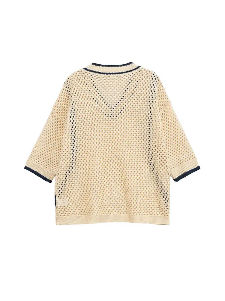 NLZGMSJ femmes pull décontracté solide col en v à manches courtes évider tricoté pull ample nouvelle mode automne pull