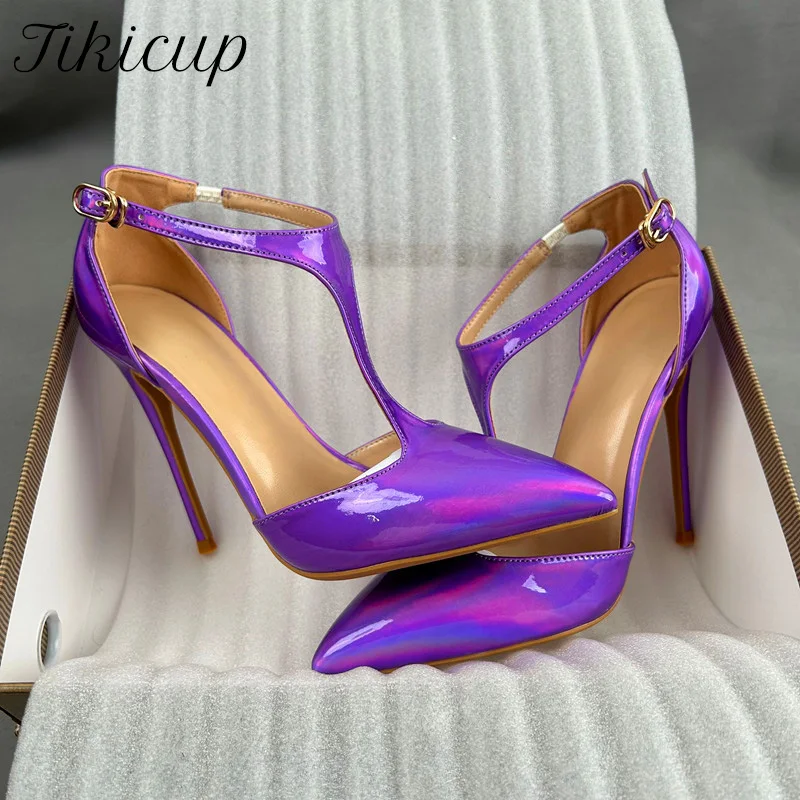 

НОВЫЕ блестящие фиолетовые сексуальные туфли-лодочки с Т-образным вырезом на очень высоком каблуке 12 см, женские туфли на шпильке с острым носком, модельные туфли для вечеринок в ночном клубе