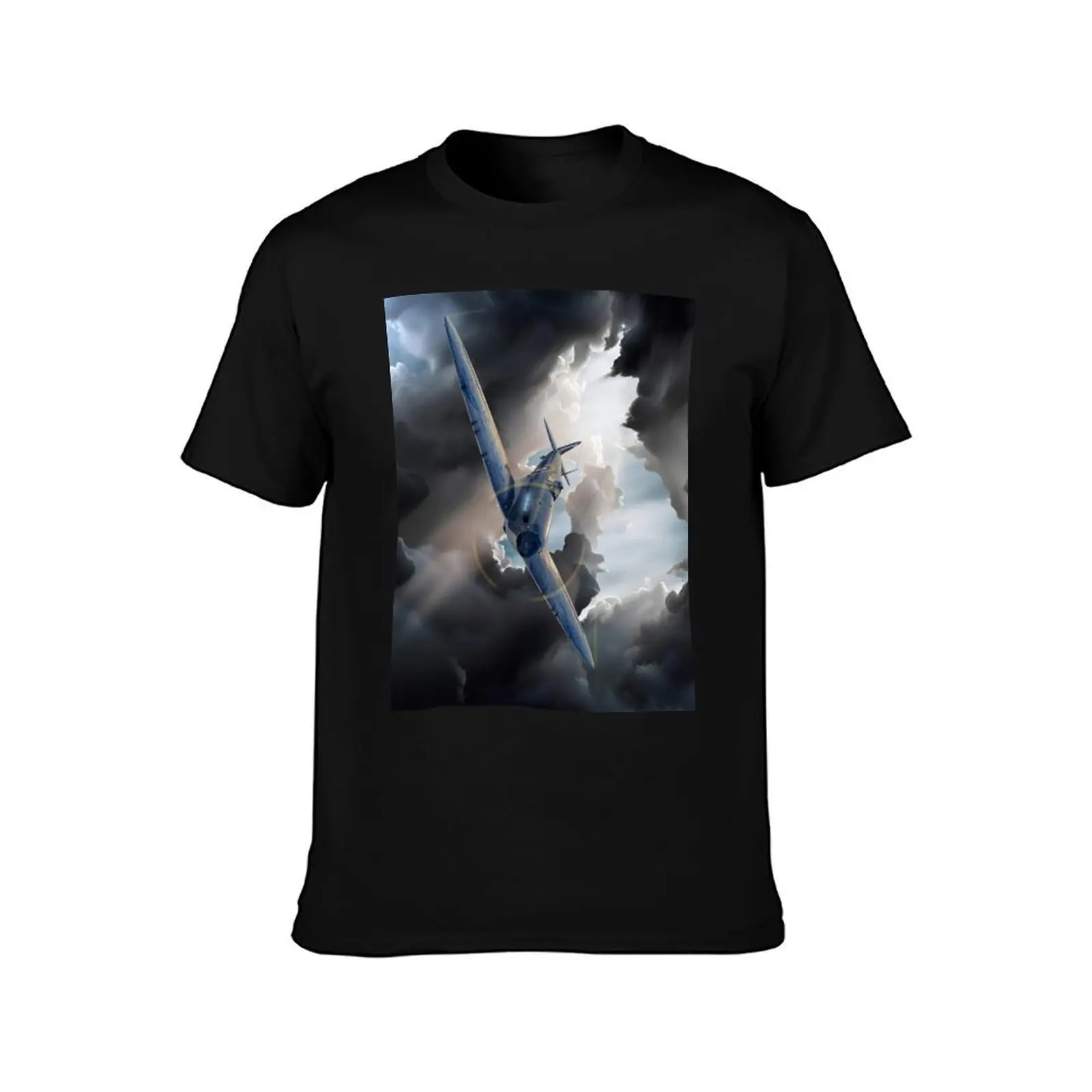Spitfire Aircraft surrounded by dark clouds T-Shirt Active Sports Short Sleeve Cotton Shirt