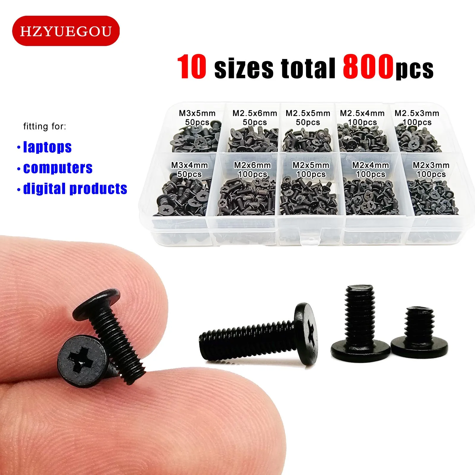 800pcs/box Laptop Computer Screw Bolt M2 M2.5 M3 Black Phillips Cross Ultra Thin Flat Wafer Head Mix Assortment Kit Set Steel