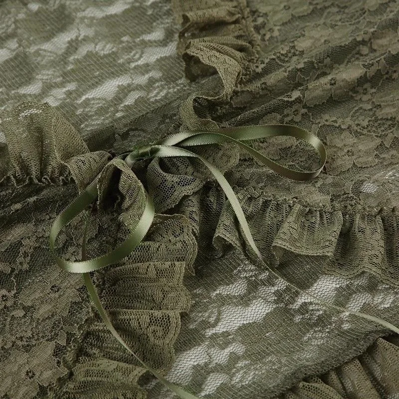 Modische Grüne Spitzen-Oberteile mit Bändern, Gothic Transparente Ausgestellte Ärmel, Crop-Mantel für Damen, Durchsichtige Patchwork-Club-Party-Glockenärmel-Blusen 2026 – Detail 10