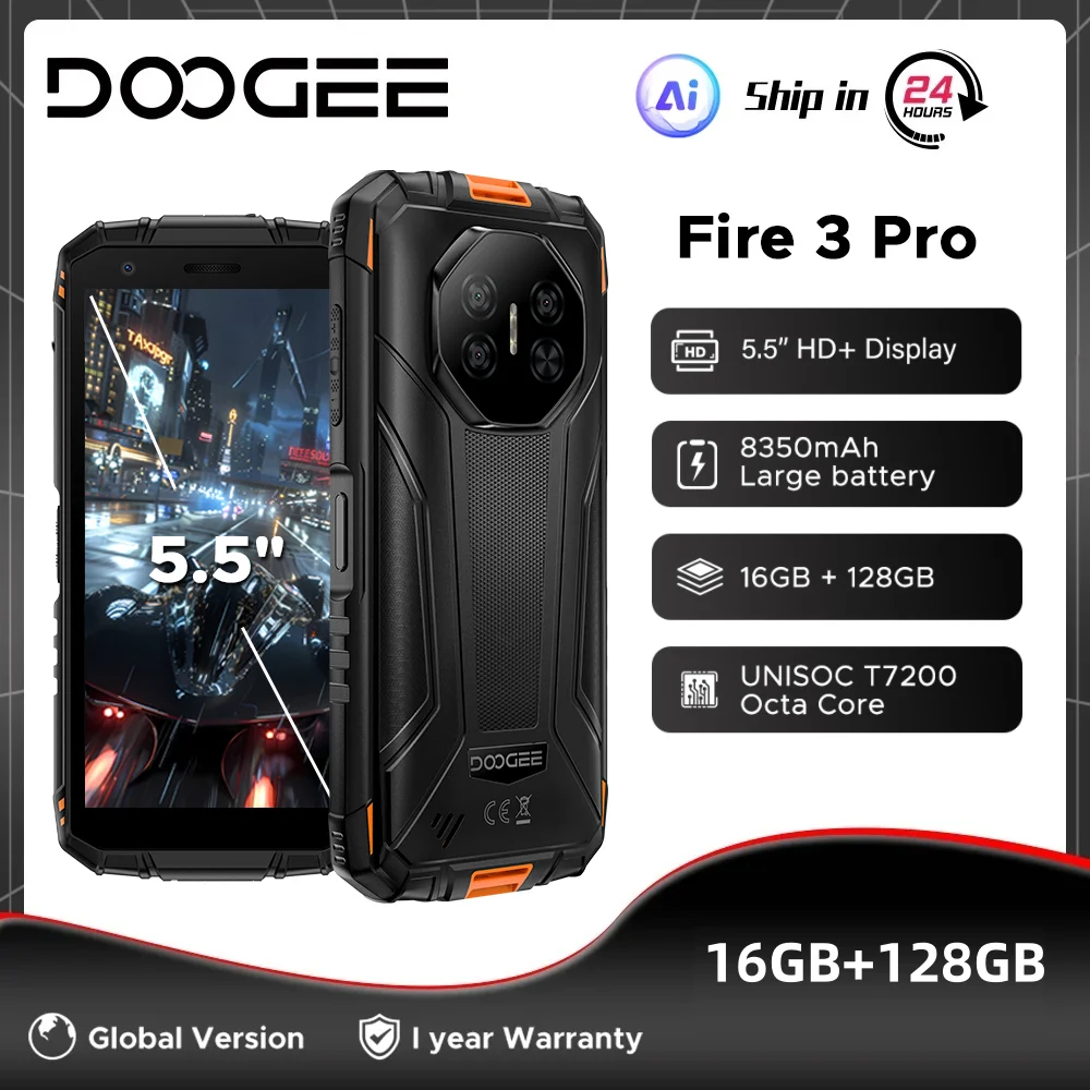 

Глобальная версия DOOGEE Fire 3 Pro Прочный телефон 16 ГБ 128 ГБ 5,5 "HD+ Дисплей Аккумулятор 8350 мАч UNISOC T7200 NFC Android 15 Смартфон