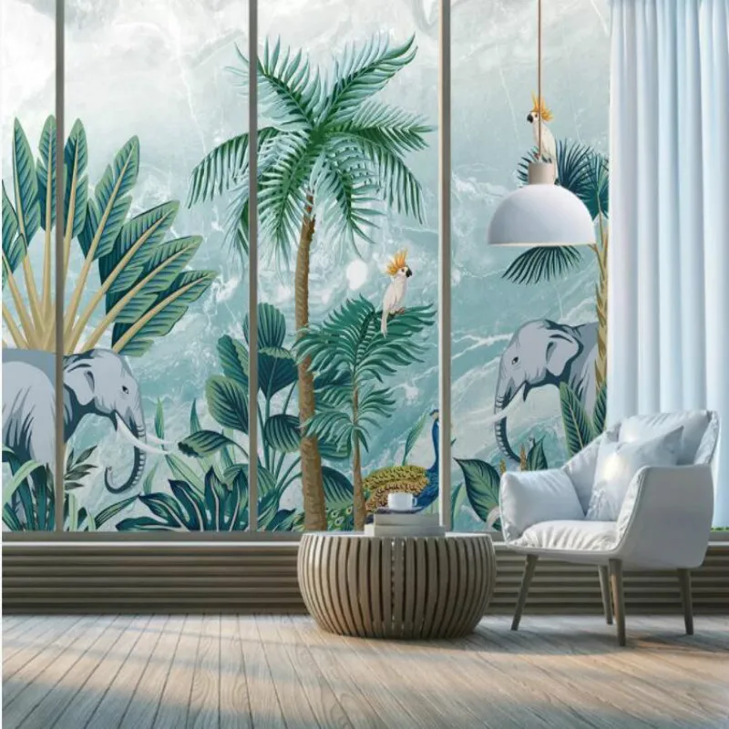 

Wall Papers Home Decor 3D Hand drawn tropical forest background wall decorative painting Mural Wallpapers for Living Room