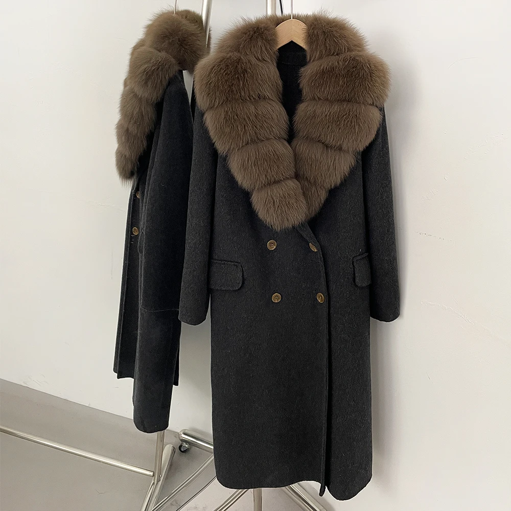 OFTBUY Wollmantel für Damen, Luxuriöse Doppelseitige Wolljacke, Winter-Oversize-Mantel mit Echtem Fuchsfell, Doppelreihig, Elegante Oberbekleidung – Detail 28