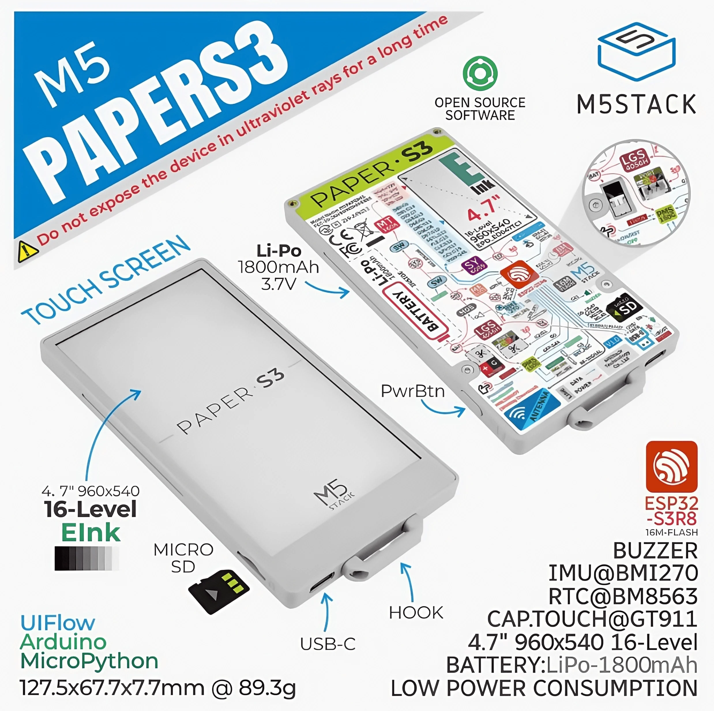 M5Stack PaperS3 Placa de desarrollo de pantalla de tinta electrónica de 4,7 "ensible al tacto de baja potencia ESP32S3