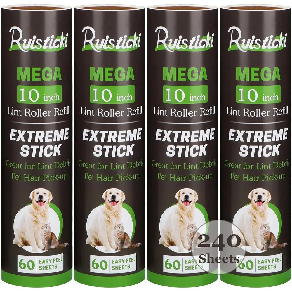 

Сменные блоки для ролика для удаления ворса, 10 дюймов, 4 штуки в упаковке, по 60 листов каждый, всего 240 листов, особо клейкие