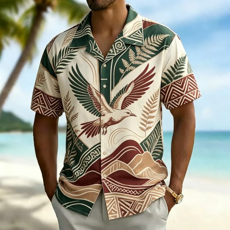 Men's Tribal Nature Print Vacation Shirt，for Mountain Trips, Hiking, Casual Hikes and Laid-Back Outdoor Activities