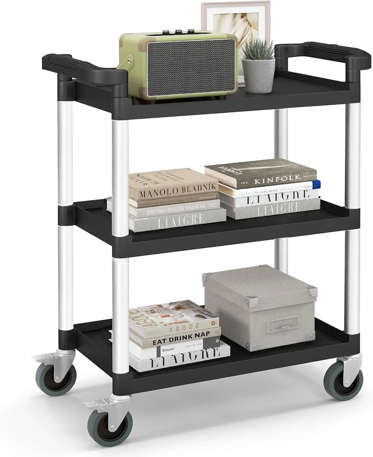 Goplus 3-Tier Utility Cart, Heavy-Duty Service Cart W/Lockable Wheels & Double Handles, Sturdy Aluminum Structure, 495 Lbs Max