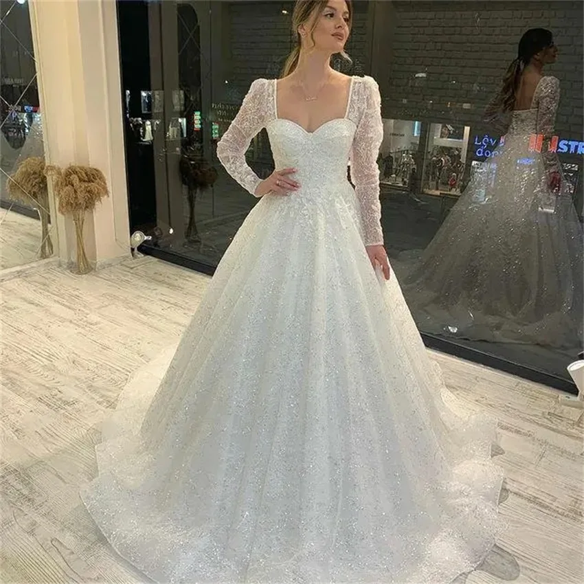 

Boho Shiny Wedding Dresses 2023 Long Sleeve Sweetheart A-Line vestidos de novia Lace Up Back Bridal Gown Charming Robe de Mariee