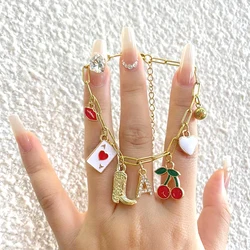 Enamel Red Lips Cherry Boot Letter Charm Bracelet Gold Plated Stainless Steel Chain Bracelets For Women Girls Cowgirl Jewelry