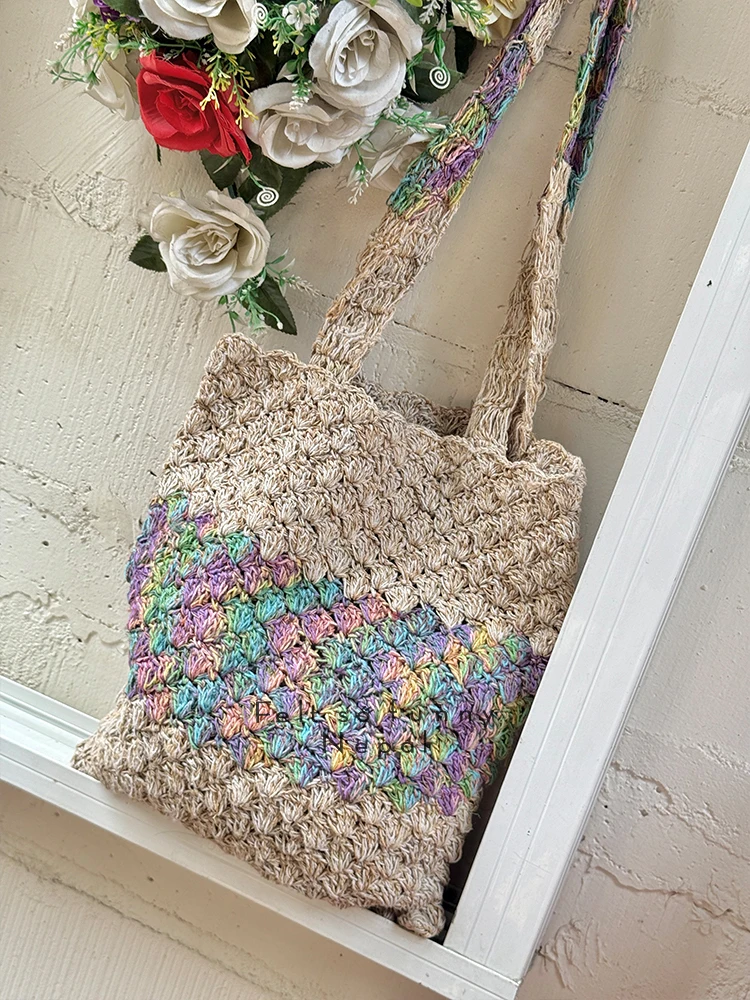 Handwoven Natural Mallow Artisan Shoulder Bag Large Capacity Underarm  Tote Bag Casual Pure Color Vertical Square Shape