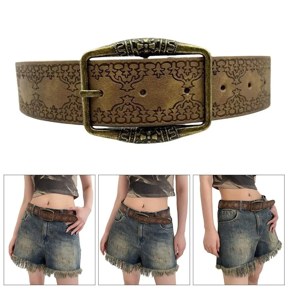 Fashion Y2K Retro Belt National Wind PU Jeans Belt Wide Senior Sense Brown Pin Buckle Waistband