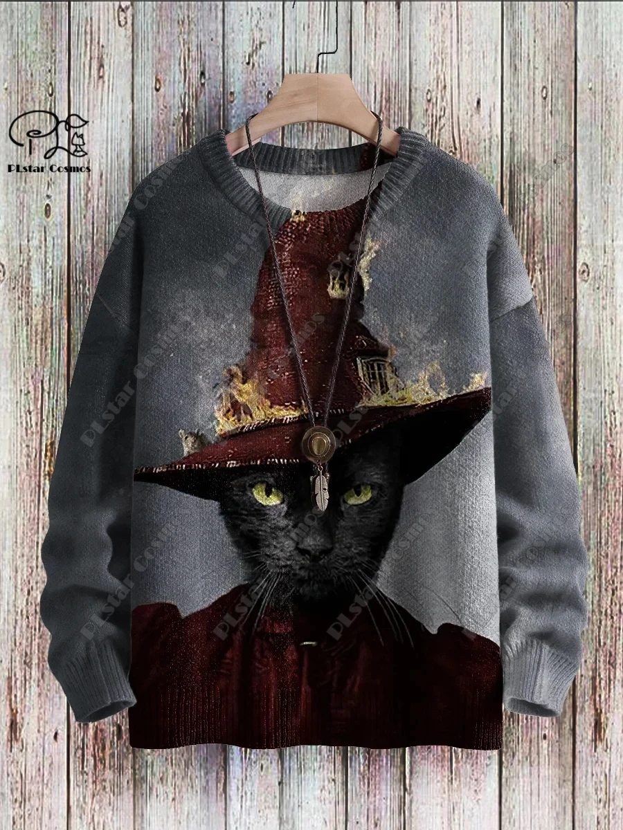 3D printing Halloween series scary black cat pattern ugly sweater street casual winter sweater warm new product unisex M-1