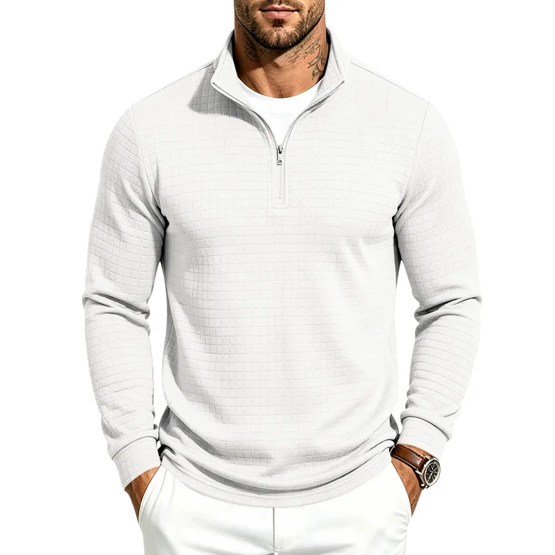 Autumn and winter men's jacquard checkered simple casual commuter long-sleeved zipper stand-up collar guard bottoming shirt