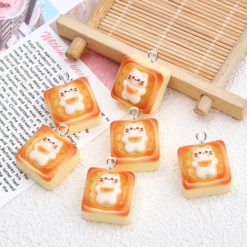 10 piezas de dijes de resina de gato y pan tostado Kawaii, colgantes de animales adorables con base plana, accesorios para manualidades DIY para la fabricación de llaveros y joyería