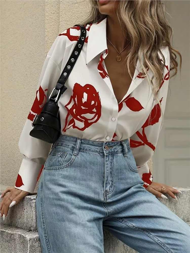 여성을위한 패션 포랄 프린트 셔츠 캐주얼 긴 소매 턴 다운 칼라 버튼 셔츠 탑 레이디 홀리데이 파티 streetwear 의류