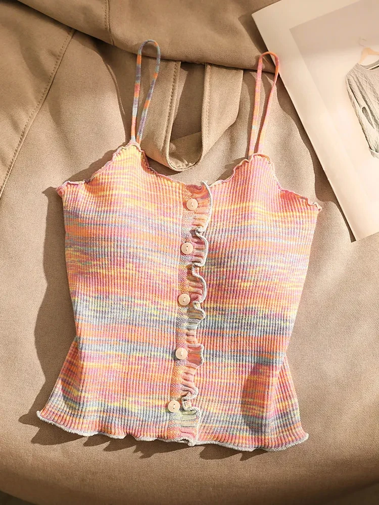 

Sweet Tanks For Women Knitted Striped Sling Vest Crop Tops Summer Tees Ruffles Fasion Tunic Sexy Korean Camis 2025 Ropa Mujer