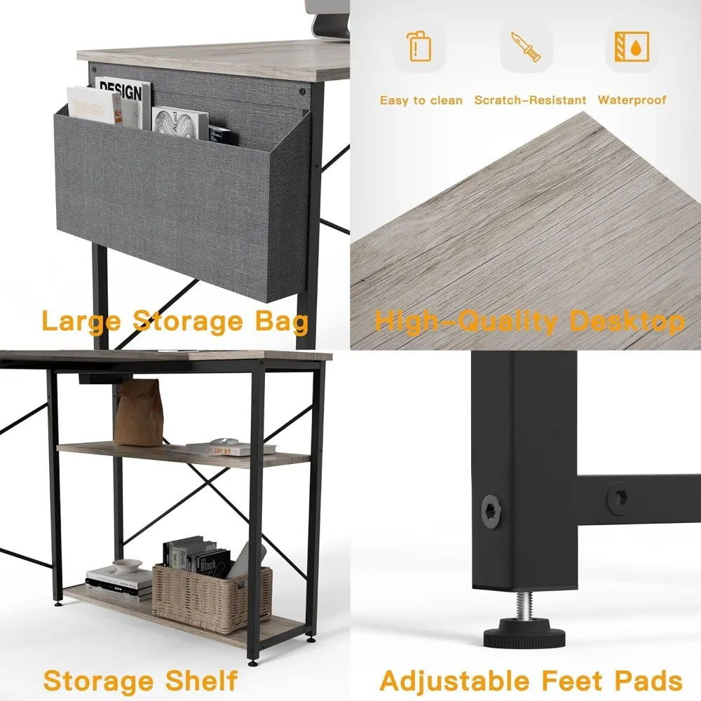 L-Shaped 55 Inch Corner Computer Desk with Power Outlets, Reversible Shelves for Small Spaces, Gaming and Office Use Desk