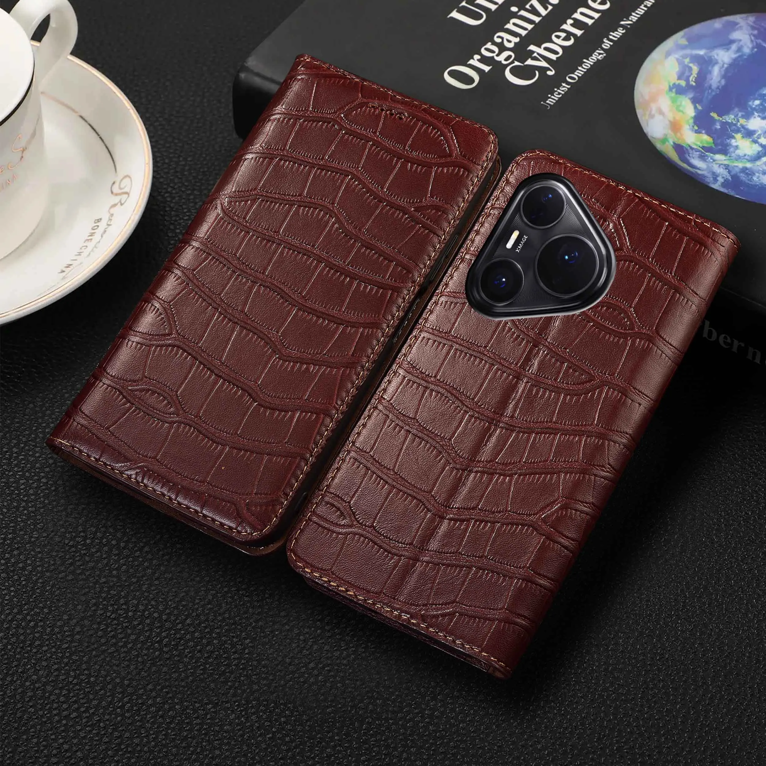 

For Huawei P30 P40 P50 P50E P60 Pura 70 80 Pro Plus Ultra Lite Art Crocodile Belly Pattern Genuine Leather Flip Phone Cover Case