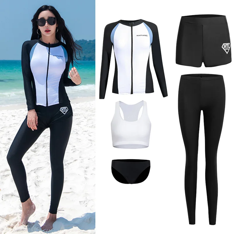 Womens 5pcs/set Quick Dry Long Sleeve Rashguards Full Zip Up Shirt Tankini Bathing Suits Full Body Sunsuit Slim Tight Fit