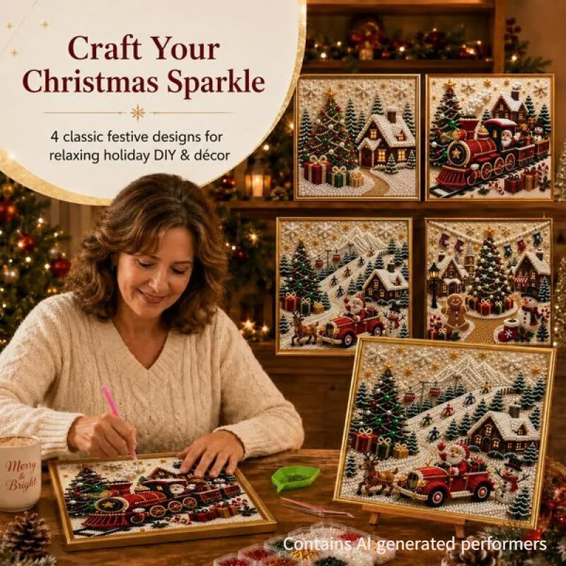 Christmas Pearl Painting Art Set DIY Pearl Beads Craft Kit Handmade Snowy Cottage Train 3D Wall Framed Home Decor Xmas Gifts