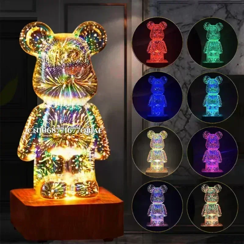 3D Fireworks Bear Night Light Projection Colorful USB Atmosphere Dimming Living Decorative Decor Room 3D Glass Fireworks Bedroom