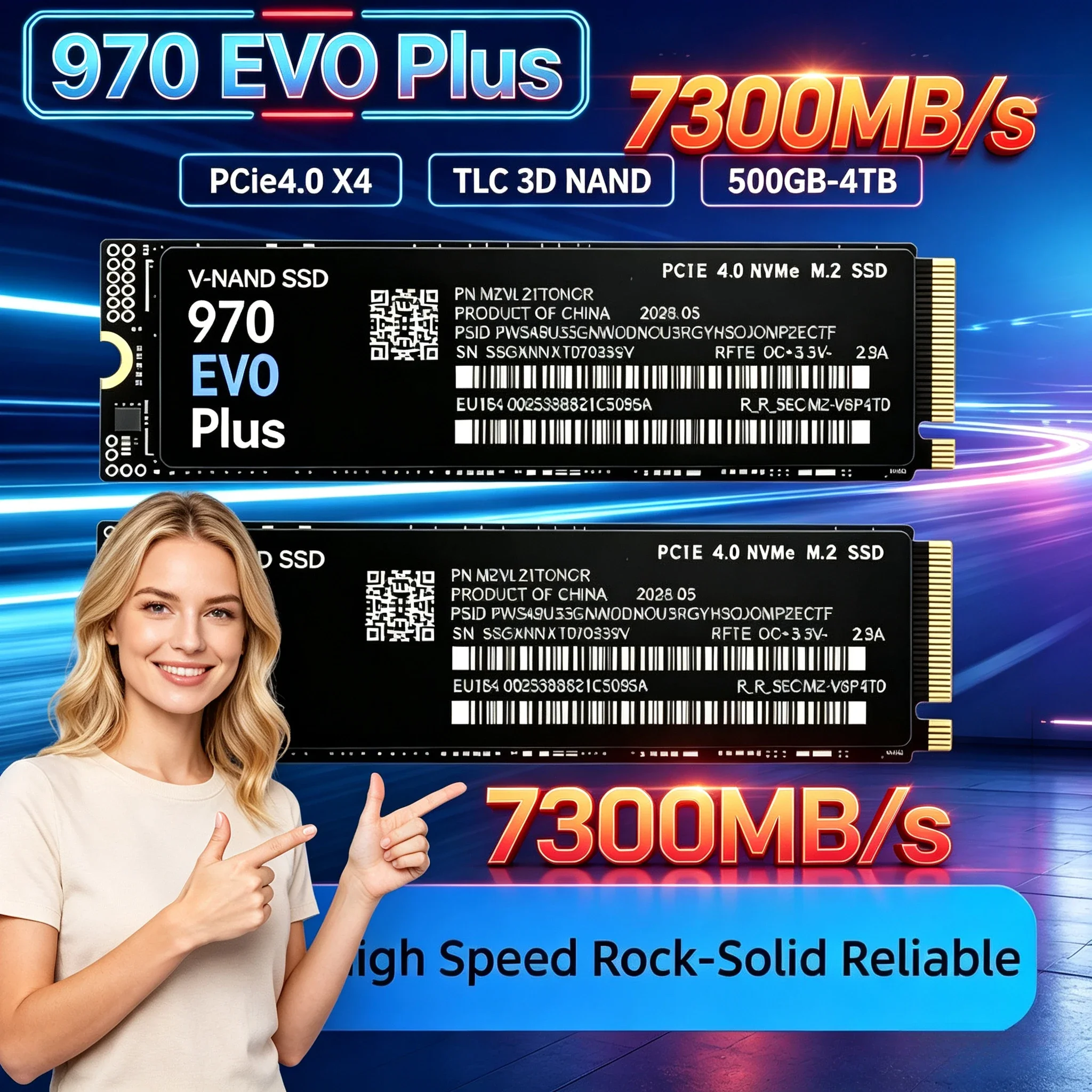 970 EVO Plus NVMe M.2 SSD High-Speed, 7300MB/s PCIe 4.0 X4, TLC 3D NAND 2280, 500GB-4TB Gaming Solid Disk for Laptop, PC & PS5.