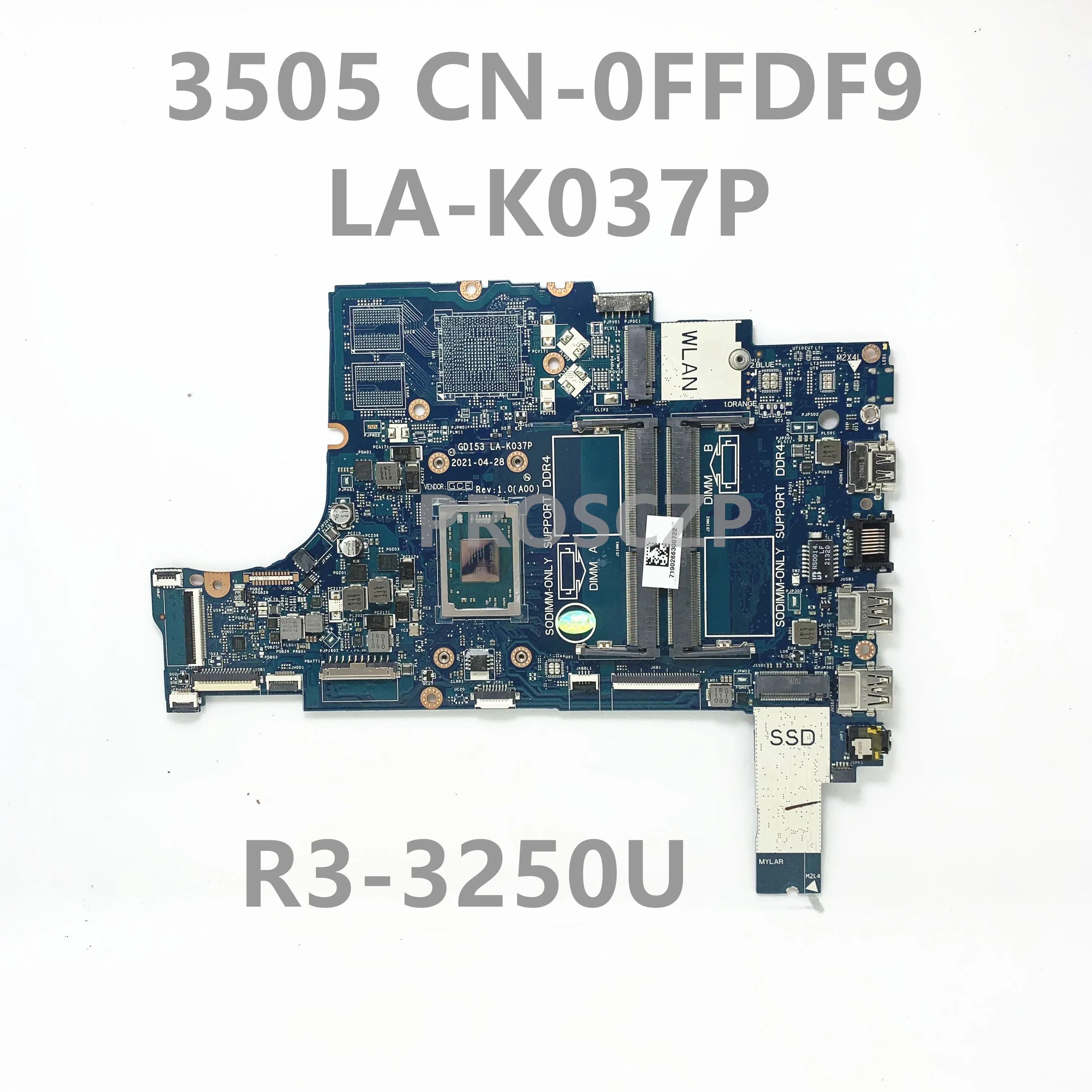 CN-0FFDF9 0FFDF9 FFDF9 High Quality Mainboard For DELL 3505 Laptop Motherboard GDI53 LA-K037P With R3-3250U CPU 100% Full Tested