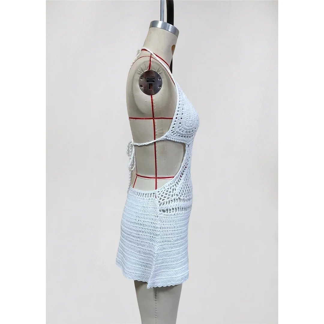 Sexy Cut-Out-Neckholder-Strick-Tunika mit offenem Rücken, Strand-Cover-up, Strandkleid, Strandmode, Damen V8295 – Detail 8