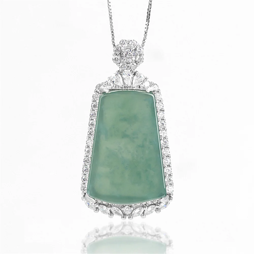 

925 Silver Natural Green Jadeite Carved Simple Safety Board Lucky Pendant Amulet S925 Necklace Certificate Luxury Jade Jewelry