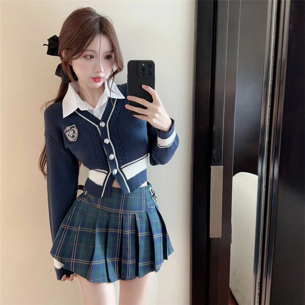 Primavera 2024 donne stile Preppy JK uniforme Set ragazze Slim Sexy corto lavorato a maglia Top nero verde Plaid gonna a pieghe vestito coreano