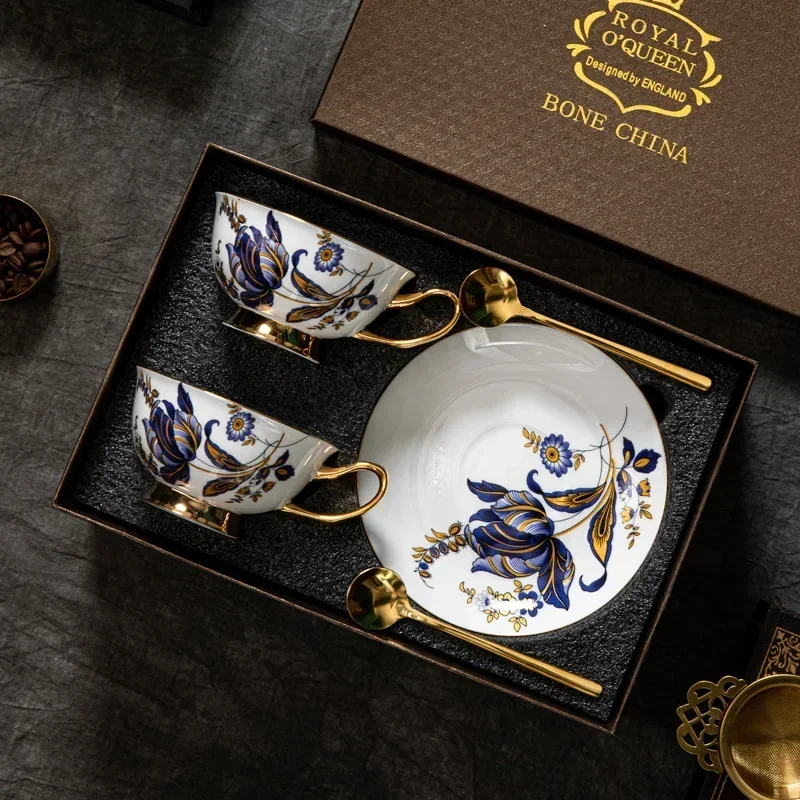 British Style Ceramic Flower Bone China Coffee Cup and Saucer Set High-end Afternoon Tea Pastoral Flower Tea Cup Birthday Gift