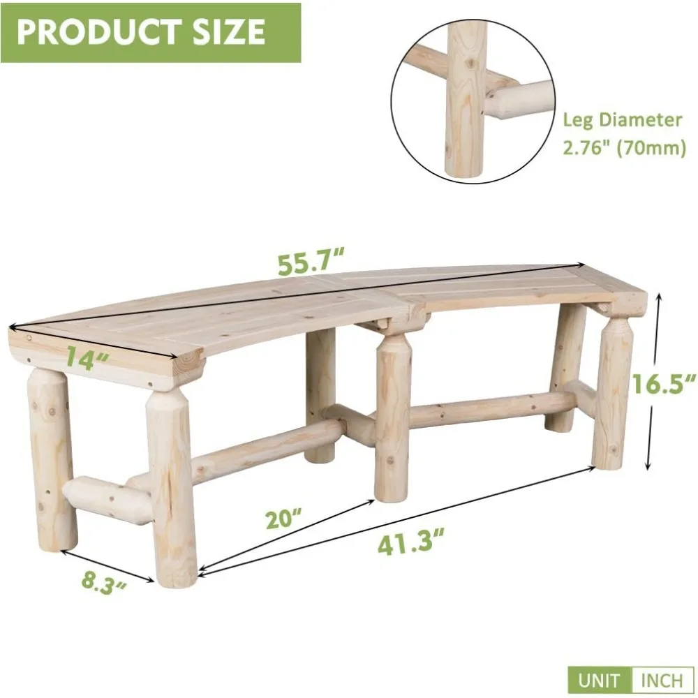 Banc de porche dos nu incurvé en bois pour l'extérieur, style rustique 93.c, terrasse et arrière-cour de jardin, 40-55W × 14D × 16.5H, finition naturelle