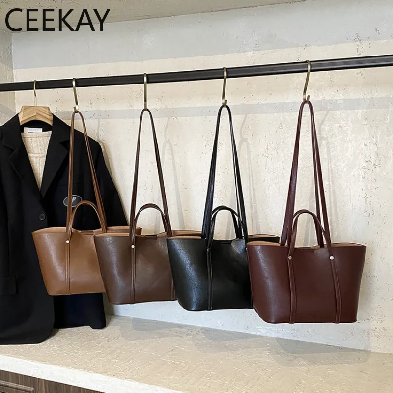 CEEKAY Women's Tote Bag Brown PU Leather Large Shoulder Handbag with Pouch Set Bead Pendant Daily Casual Minimalist Style