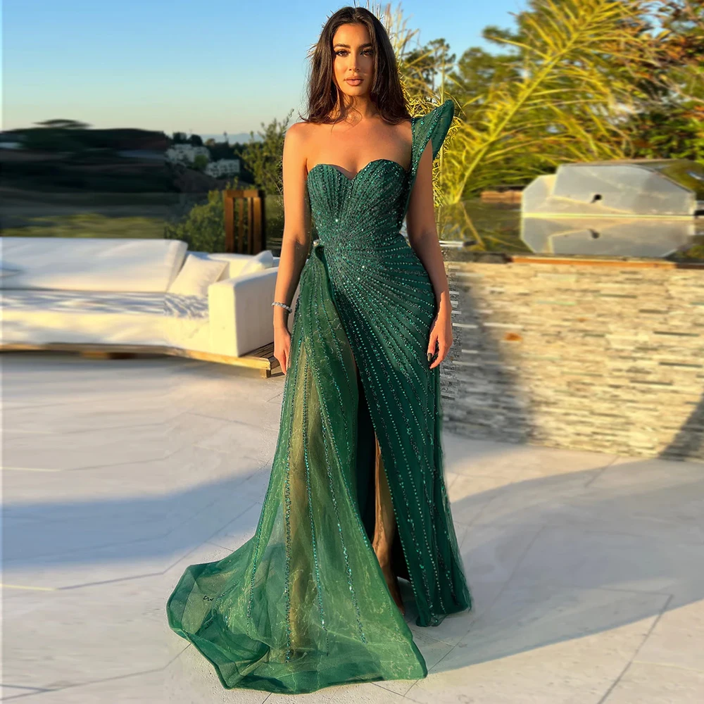 

Sharon Said Emerald Green One Shoulder Mermaid Evening Dresses Women Wedding Party High Slit Prom Formal Gowns SS201 Customized