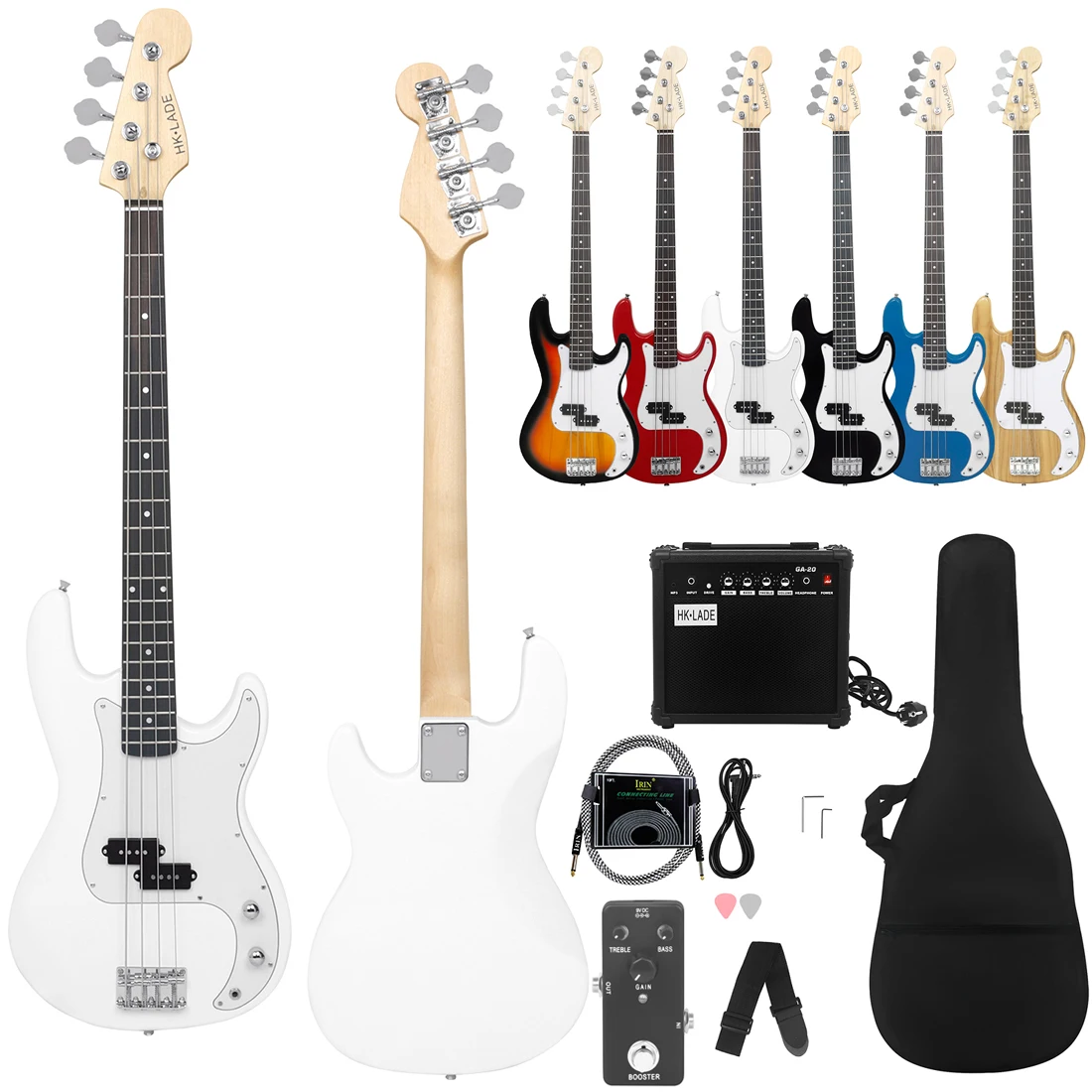 

White HK-LADE Electric Bass Set Rosewood Electric Bass Guitar Set with Amplifier Bag Strap Picks 3M connection line Accessories