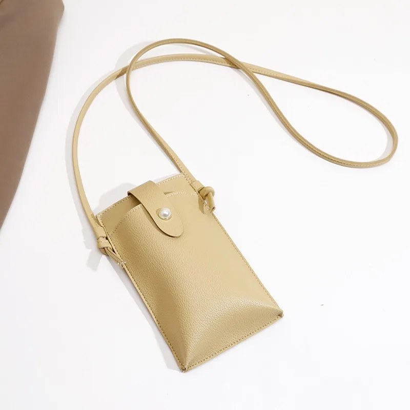 Mini bolsa de telefone com botão pérola crossbody para mulheres, caixa simples para celular, bolsa pequena, couro rosa doce, meninas, fofas