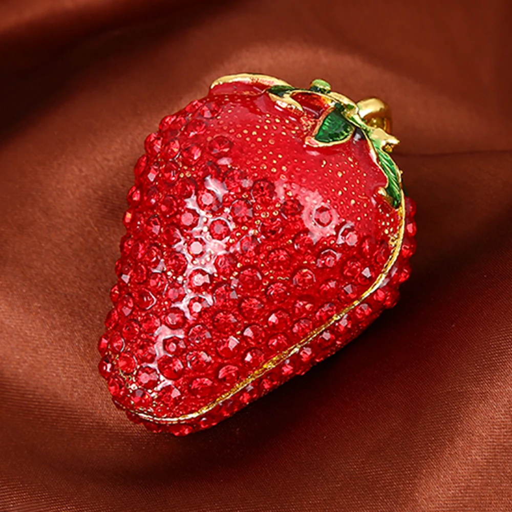 1pc Strawberry Trinket Box Metal Vintage Jewelry Storage Case Ring Organizer Earring Rhinestone Decor Cosmetic Makeup Container