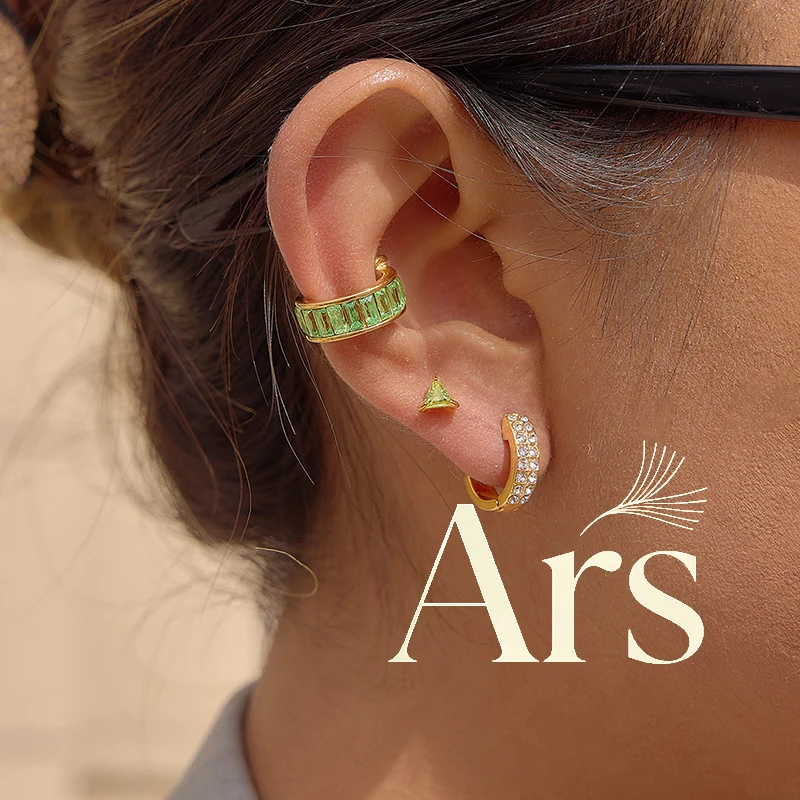 Ars Edelstahl Ohrklemme ohne Piercing mit glänzendem Zirkonia für Damen, 18k vergoldete Knorpelohrringe, Statement-Clip-Ohrringe