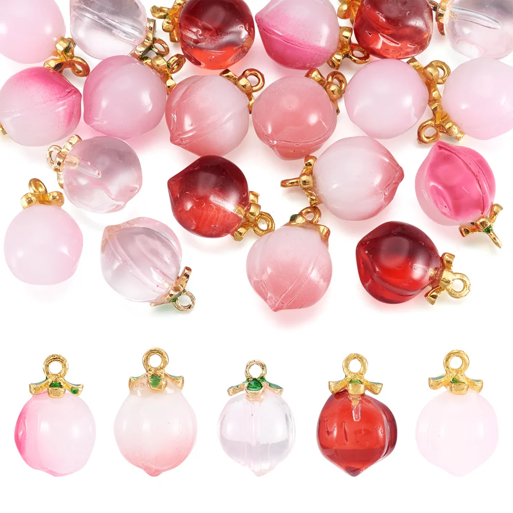 

20Pcs Glass Pendants with Golden Alloy Finding Peach Charms Mixed Color for Making DIY Jewelry Necklace Bracelet Earring Charms