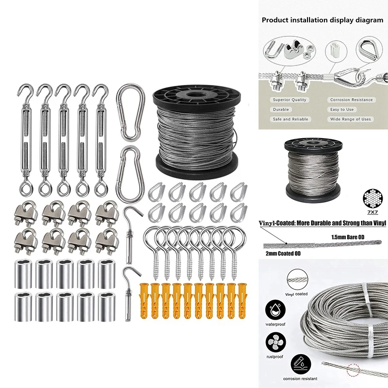

Комплект 1/16 проволочного троса, Проволочный Кабель, авиационный кабель с покрытием, многожильный сердечник 7X7, комплект подвески для наружного освещения