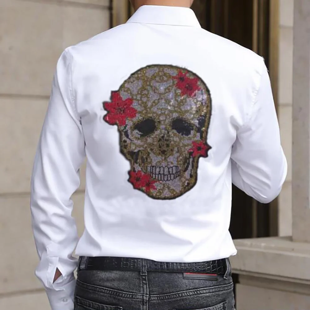 

BORUNKE Casual Men Shirt Cotton Rhinestones Long Sleeve Streetwear Casual Breathable Men Brand Shirts 049