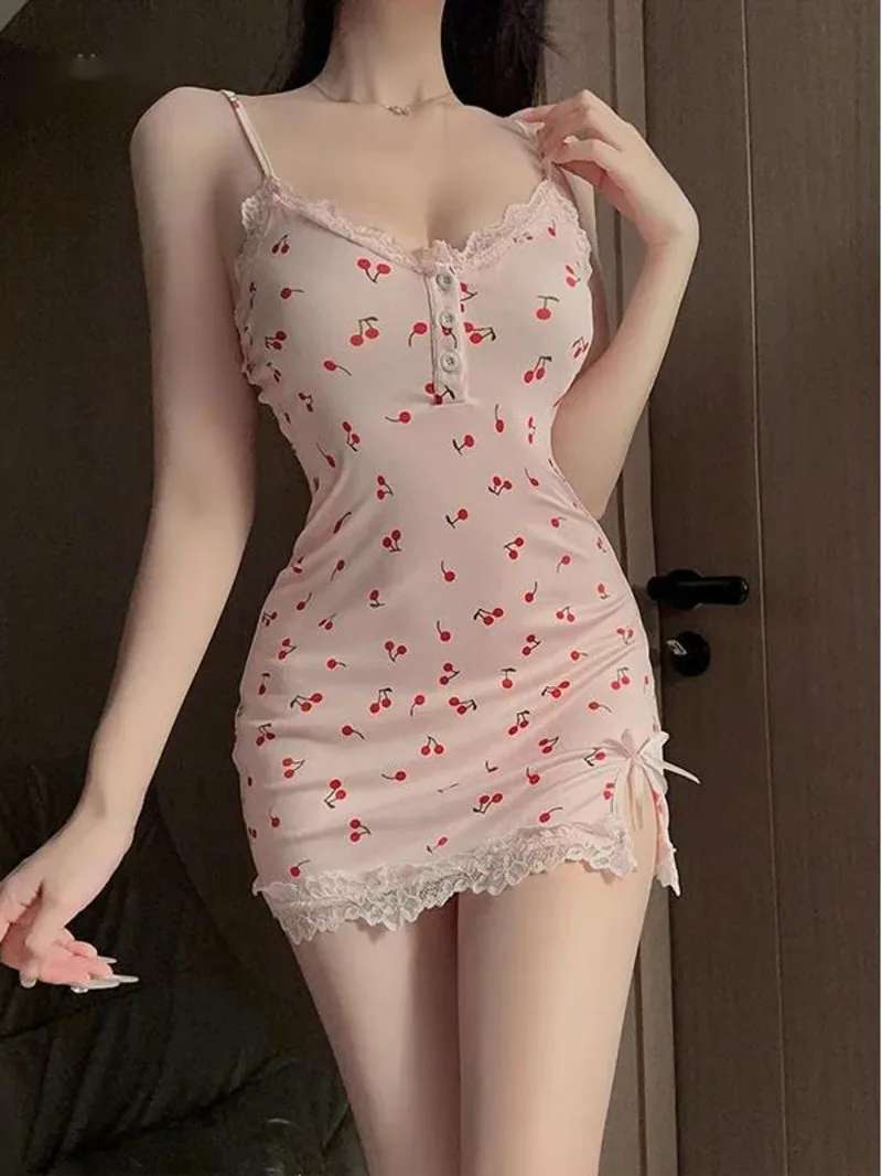 

Summer Fashion Women's Clothing Sweet and Cute Fairy new Style Gentle and Fresh Cherry Printed Lace Pattern Elegant Dress XDE5