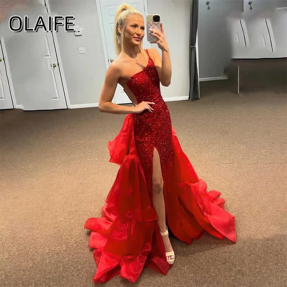 

Charming Prom Dresses Gown Sequins One Shoulder Split Tiered Sleeveless Customized Detachable Train vestidos de festa