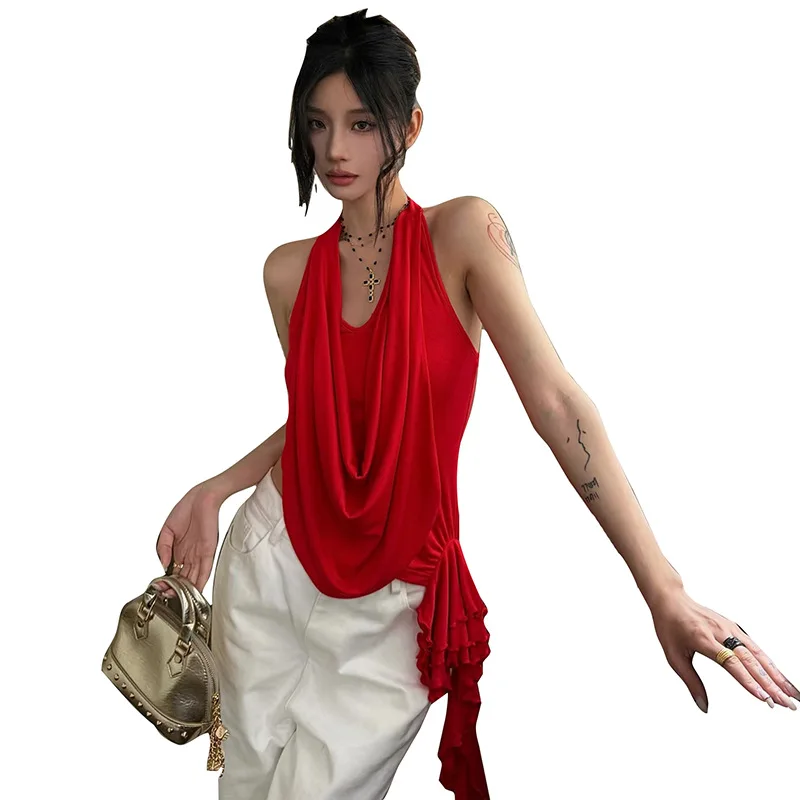 2025 Summer Cross-border New Fashion Trend Solid Color Neck Slim Irregular Streamer Versatile Top Women