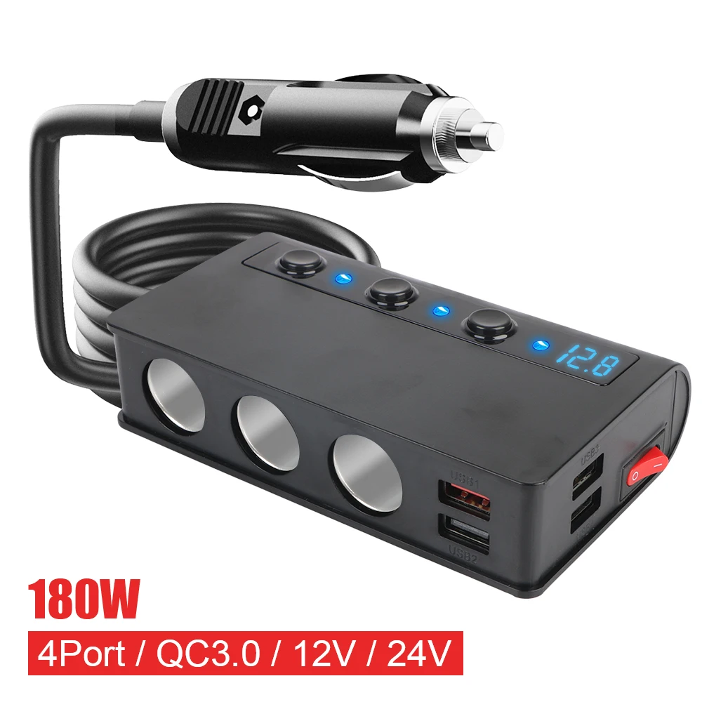 180W 24V 12V Car Splitter Power Adapter Cigarette Lighter Ports USB Chargers 3.0 Type-C Socket With Switch 10A Fuse Accessories