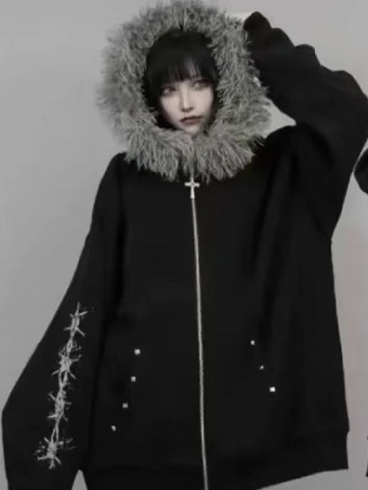 الخريف القوطية الأمريكية الرجعية قلنسوة بسحاب سترة المرأة التطريز إلكتروني تصميم البلوز Harajuku 2000s الملابس الدافئة #3